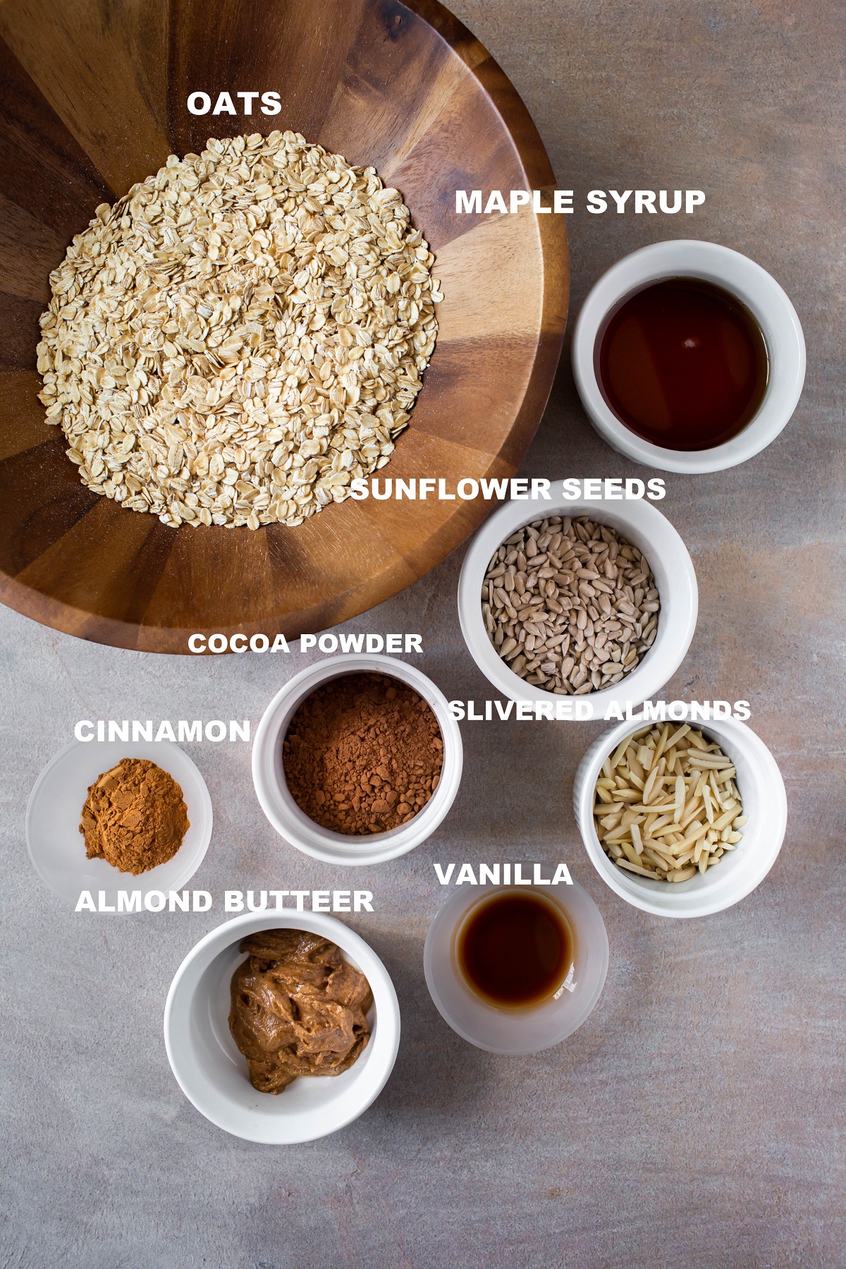 each individual recipe for chocolate granola in singular bowls