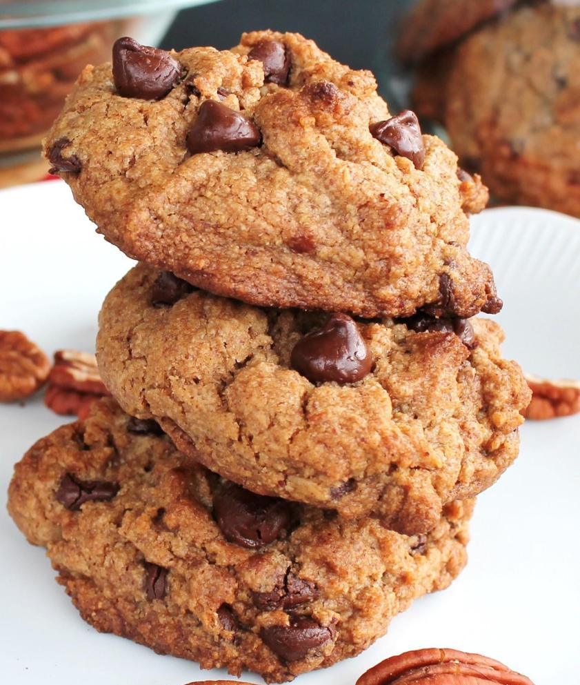 Stack of pecan butter chocolate chip cookies