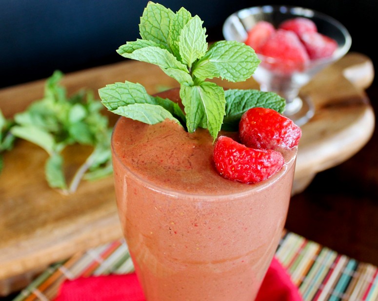 Mint chocolate strawberry shake in a glass
