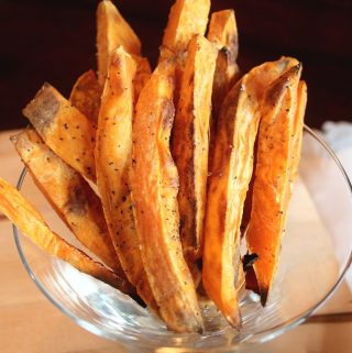sweet potato fries in glass dish