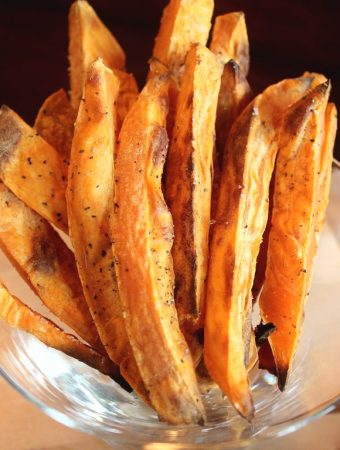 sweet potato fries in glass dish