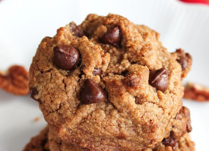 Closeup view of pecan butter chocolate chip cookie