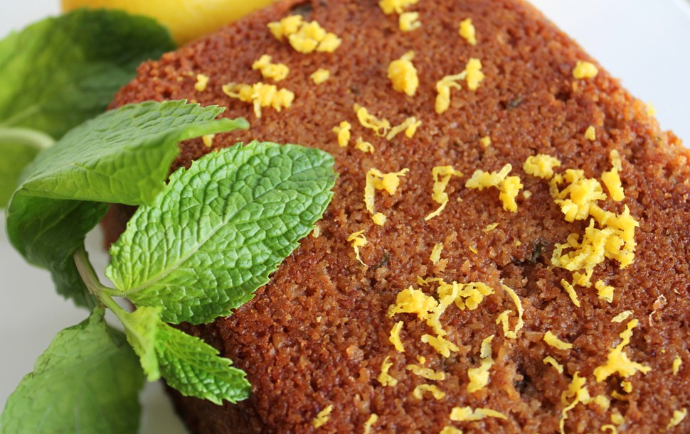 view from top of loaf with lemon zest and fresh mint leaves