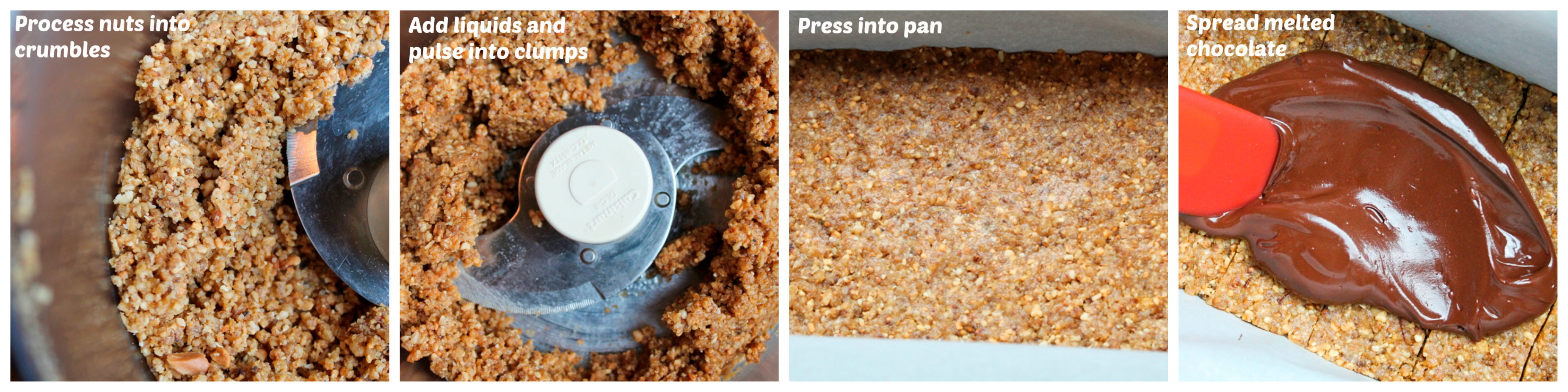 process shots of vegan butterfinger candy bar batter in processor