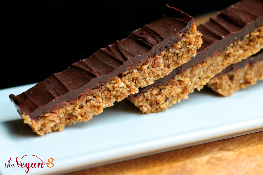 Vegan butterfinger candy bars on white platter