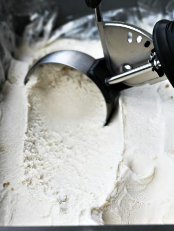 Vegan Vanilla Cheesecake Ice Cream in loaf pan