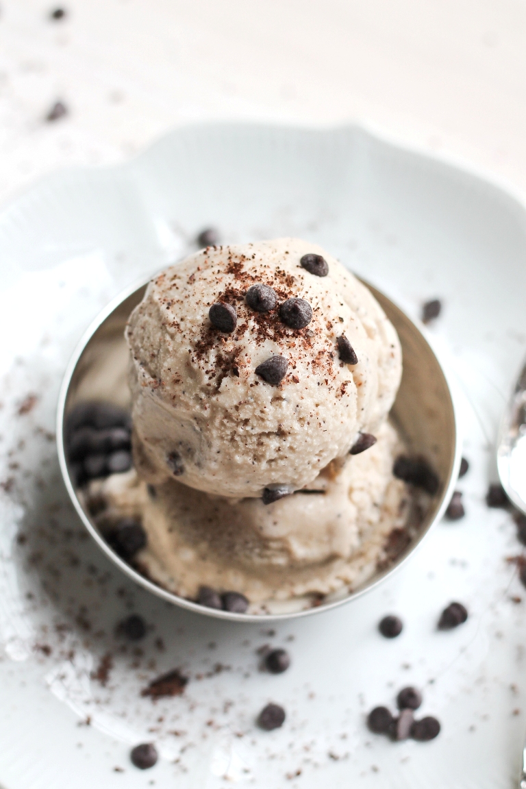 Overheaad view of ice cream scoops in silver bowl
