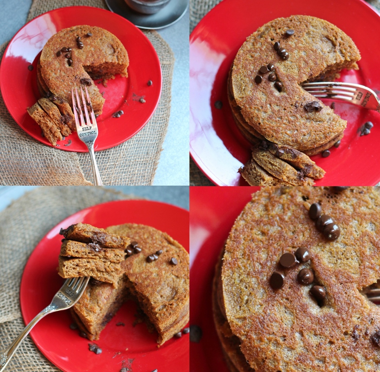 collage of 4 pictures of pumpkin pancakes with fork showing bites of pancakes