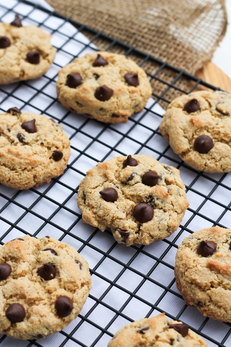 baked chocolate chip cookies on cooling rack