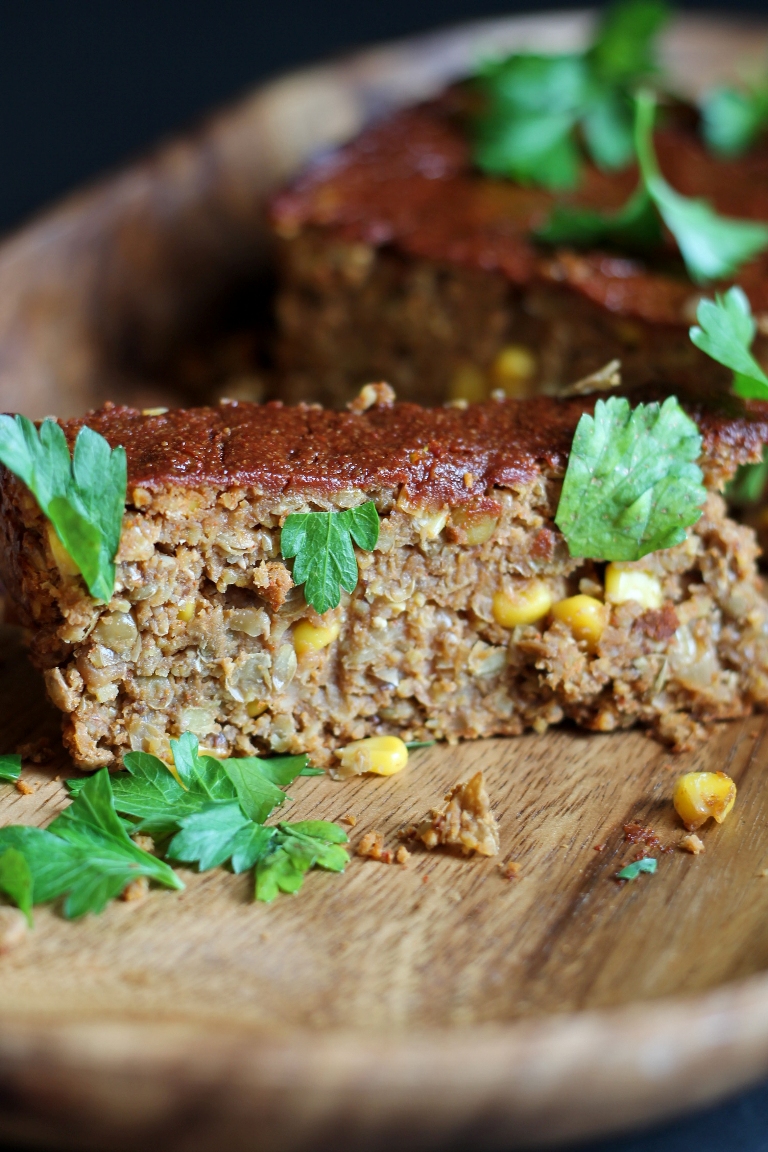 Slice of vegan barbecue lentil loaf
