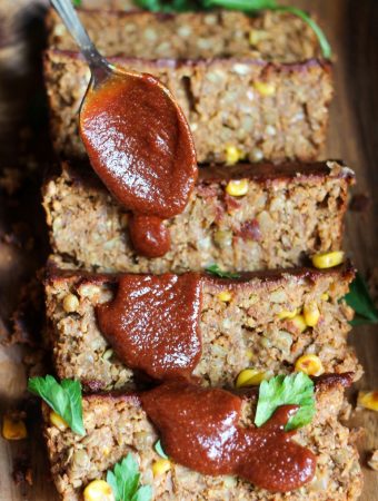 Vegan Barbecue Lentil Loaf with bbq sauce drizzled