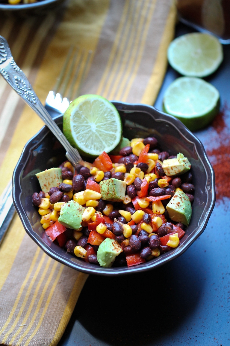 corn black beans red bell peppers avocado in bowl