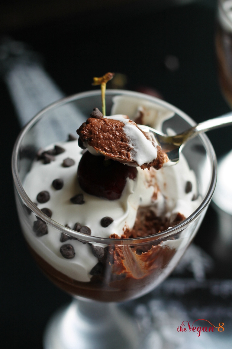 Vegan Chocolate Cherry Mousse with spoon