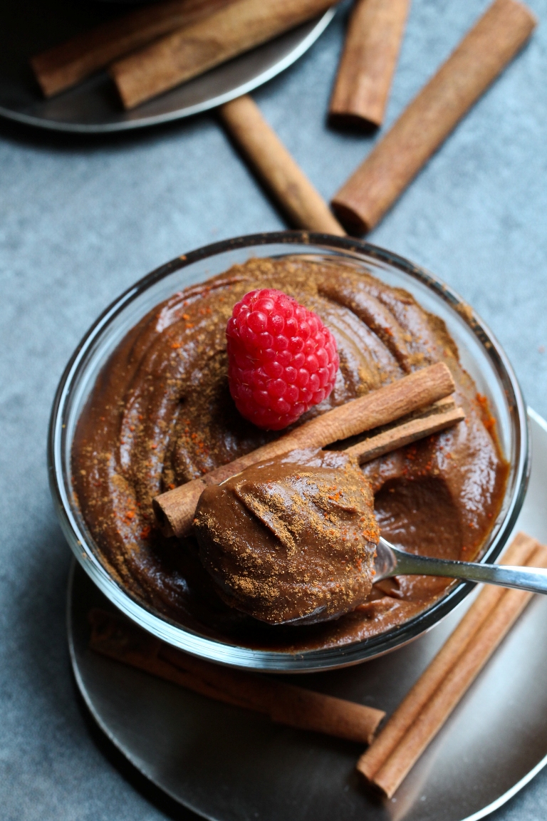 vegan chocolate sweet potato pudding in glass bowl