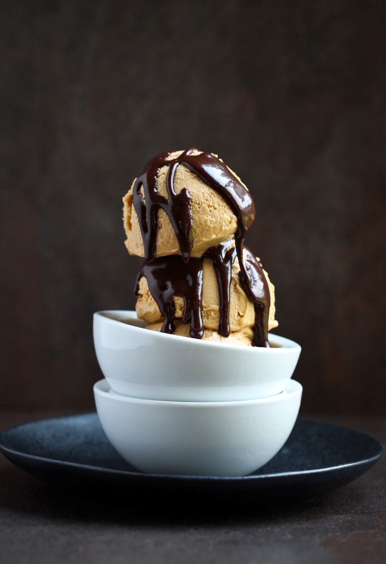 2 scoops vegan peanut butter ice cream in white bowl