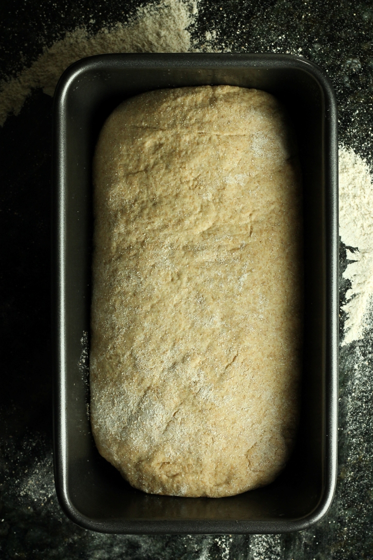 Spelt dough placed inside loaf pan