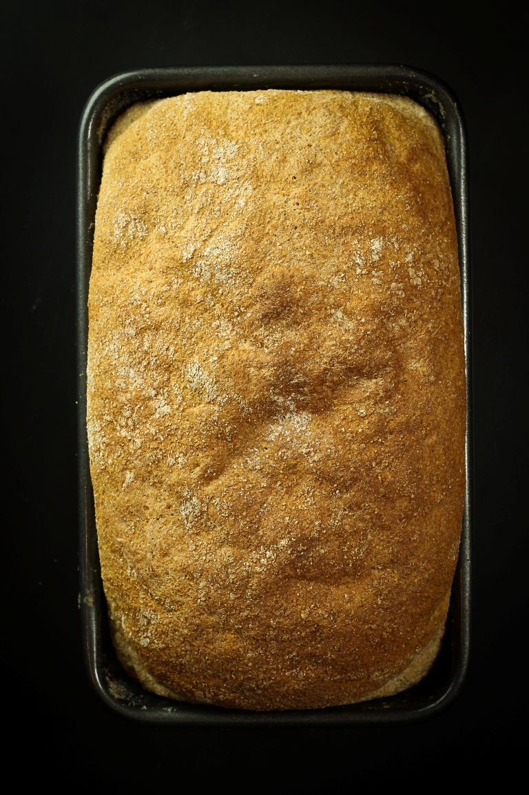 Overhead view of beautiful golden risen spelt loaf