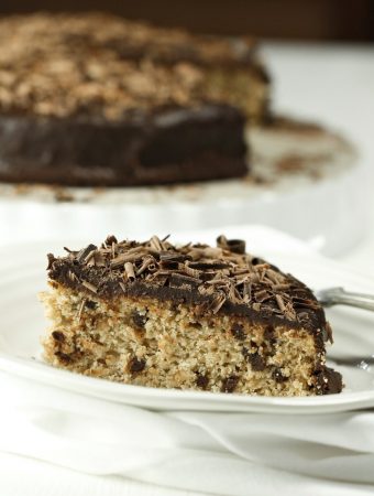 slice of chocolate chip cake with ganache on white plate