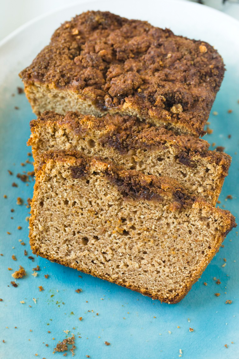 Gorgeous closeup view of slices of vegan cinnamon quick bread