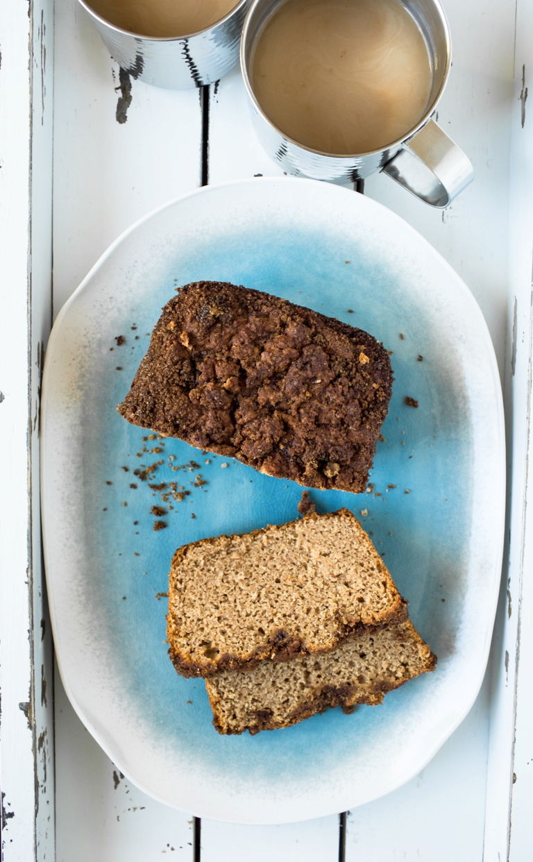 Overhead view of blue plate with slices of cinnamon bread