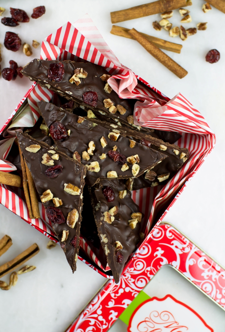 Christmas box of vegan dark chocolate pecan bark