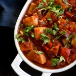 White dish of vegan hungarian goulash