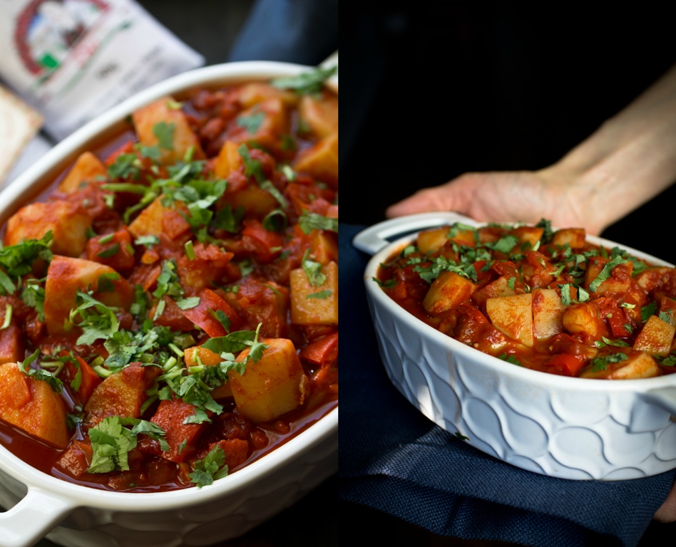 Hands holding vegan hungarian goulash in white dish