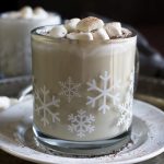 Vegan white hot chocolate in snow flake mug