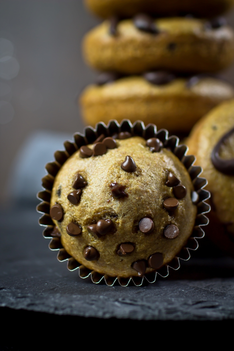 Vegan chocolate chip muffin on gray tray