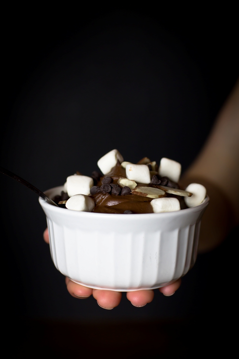 Vegan rocky road pudding in white bowl
