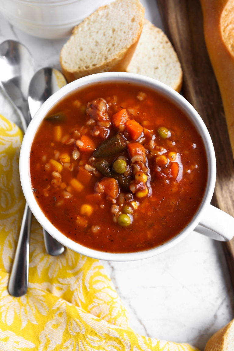 Soup bowl of tomato vegetable soup with bread