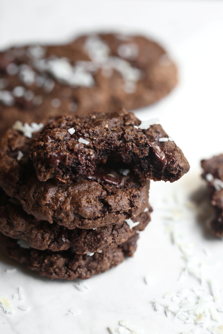 Stack of vegan chocolate coconut cookies