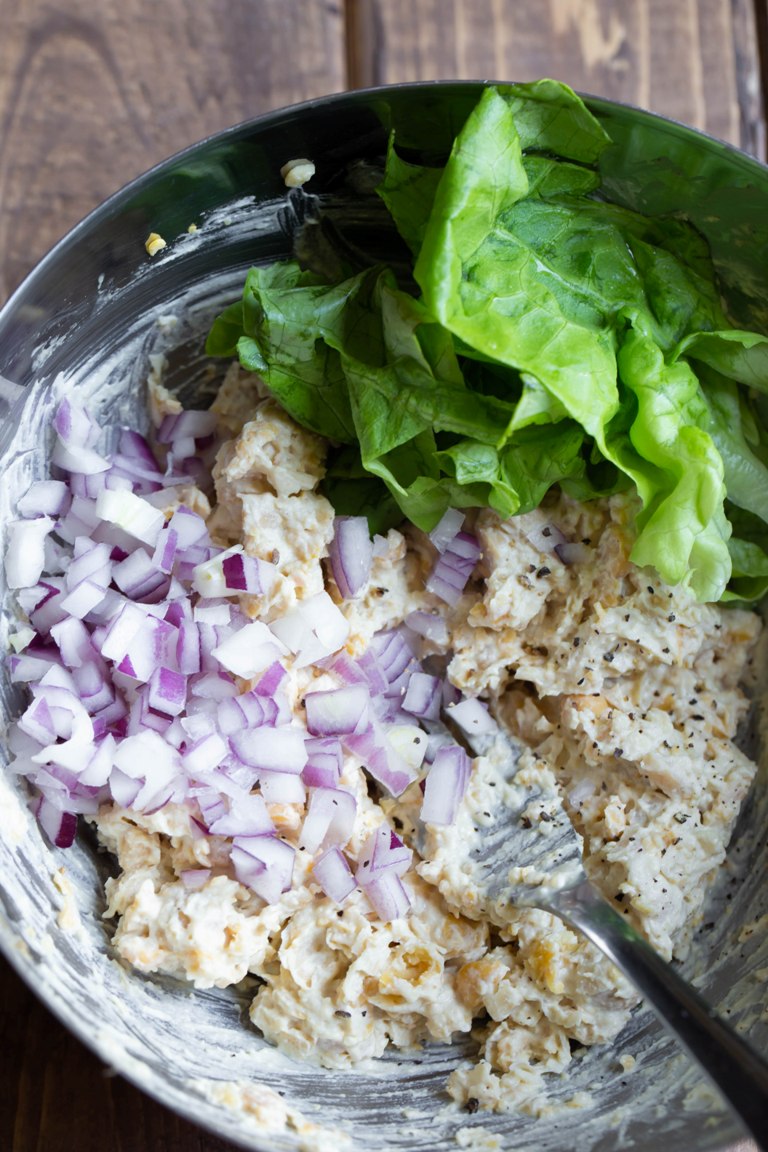 Vegan Caesar dressing and chickpeas in bowl