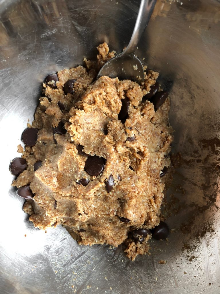Silver bowl of chocolate chip cookie dough