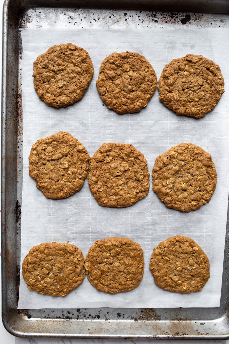 Just baked vegan chai oatmeal cookies on a cookie sheet