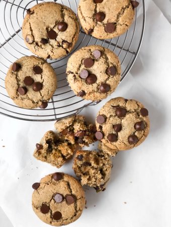 vegan chocolate chip muffins on a rack