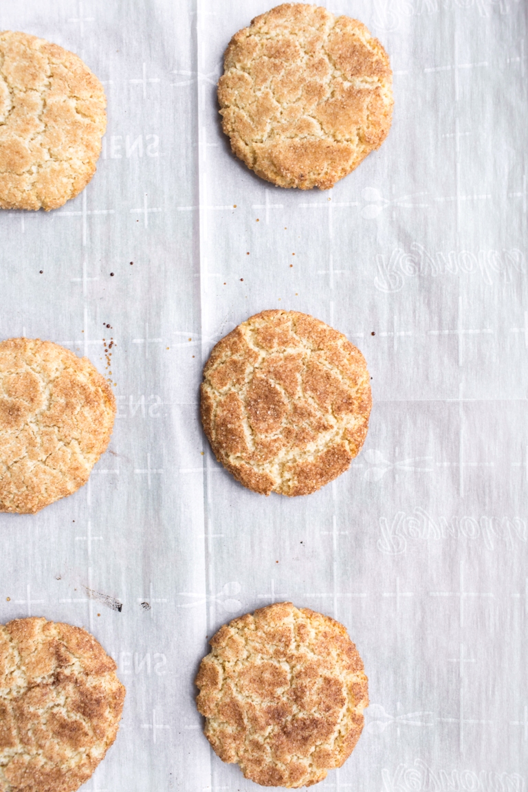 Tray of just baked vegan snickerdoodles