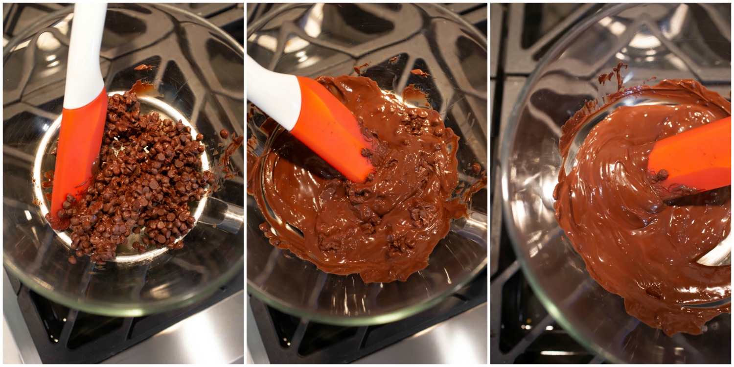 Collage of melting chocolate over double boiler