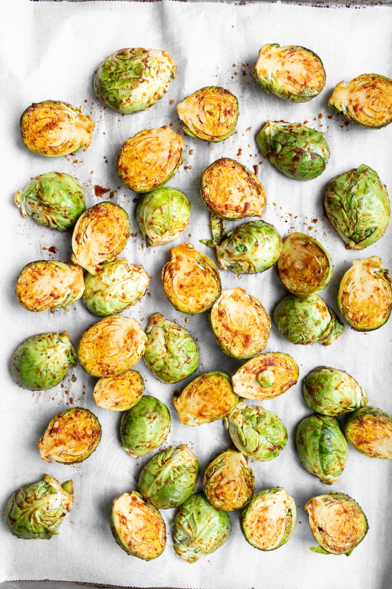 Best Roasted Brussels Sprouts pre-baked on pan
