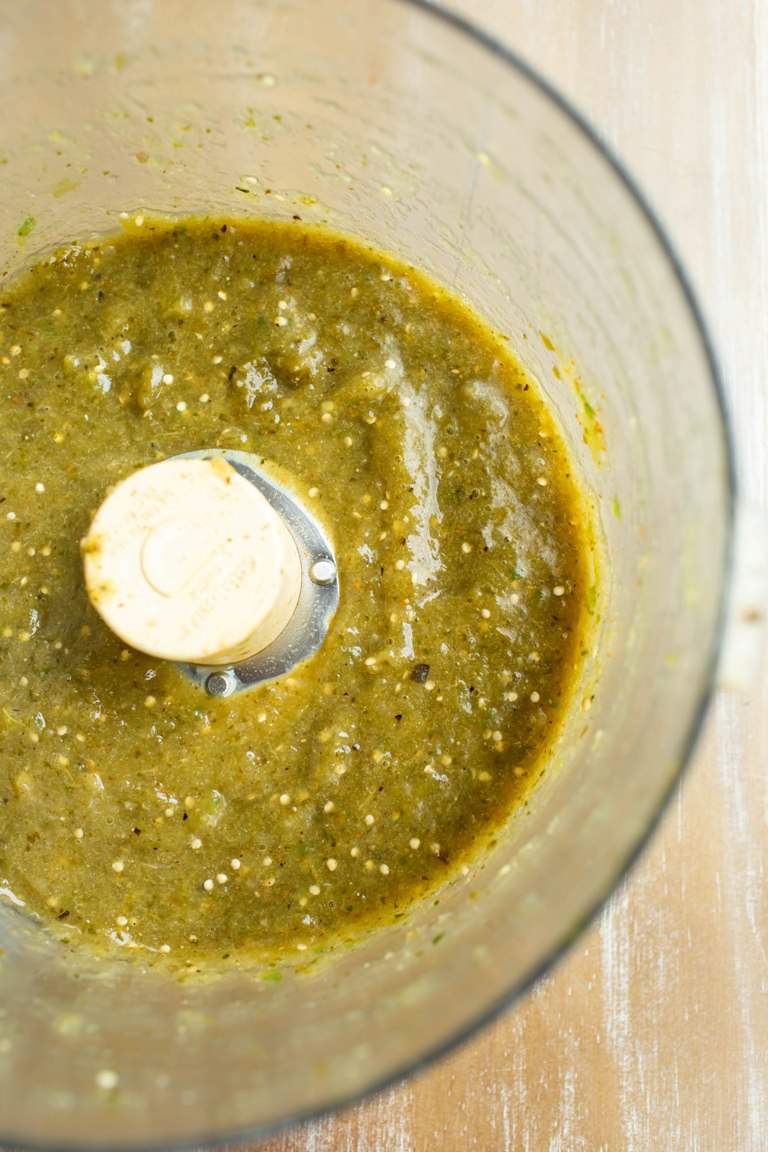Roasted Tomatillo Salsa Verde blended in food processor