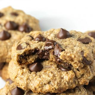 vegan gluten-free oatmeal chocolate chip cookies stacled