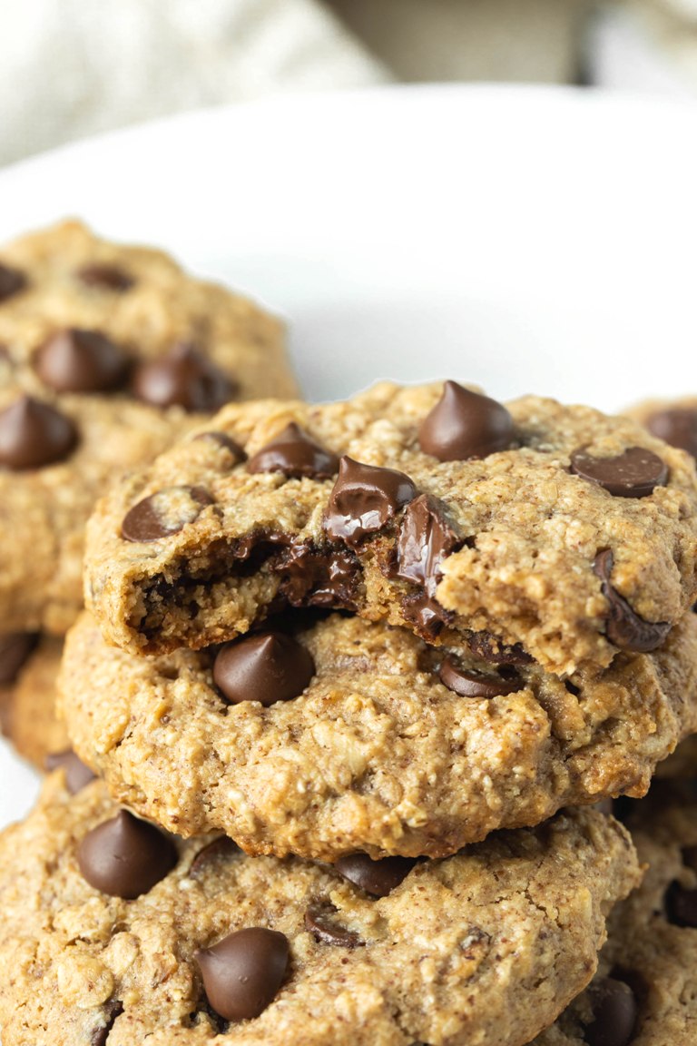 vegan gluten-free oatmeal chocolate chip cookies stacled