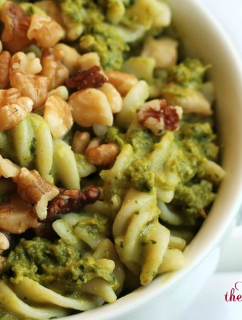 Vegan Kale pesto pasta in white bowl