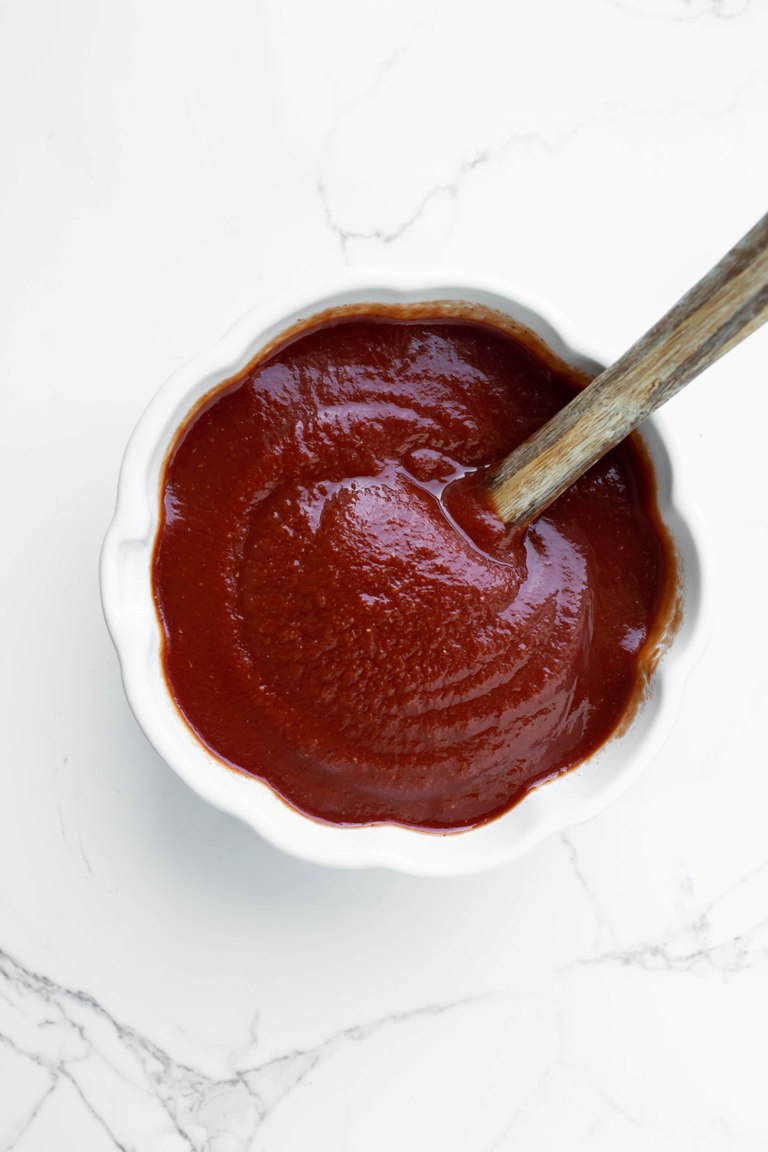 Homemade ketchup in beautiful white bowl