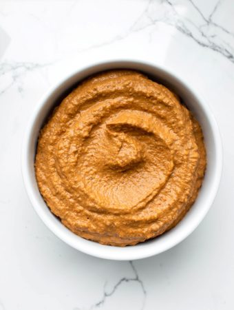 Oil-free Romesco Sauce in a white bowl