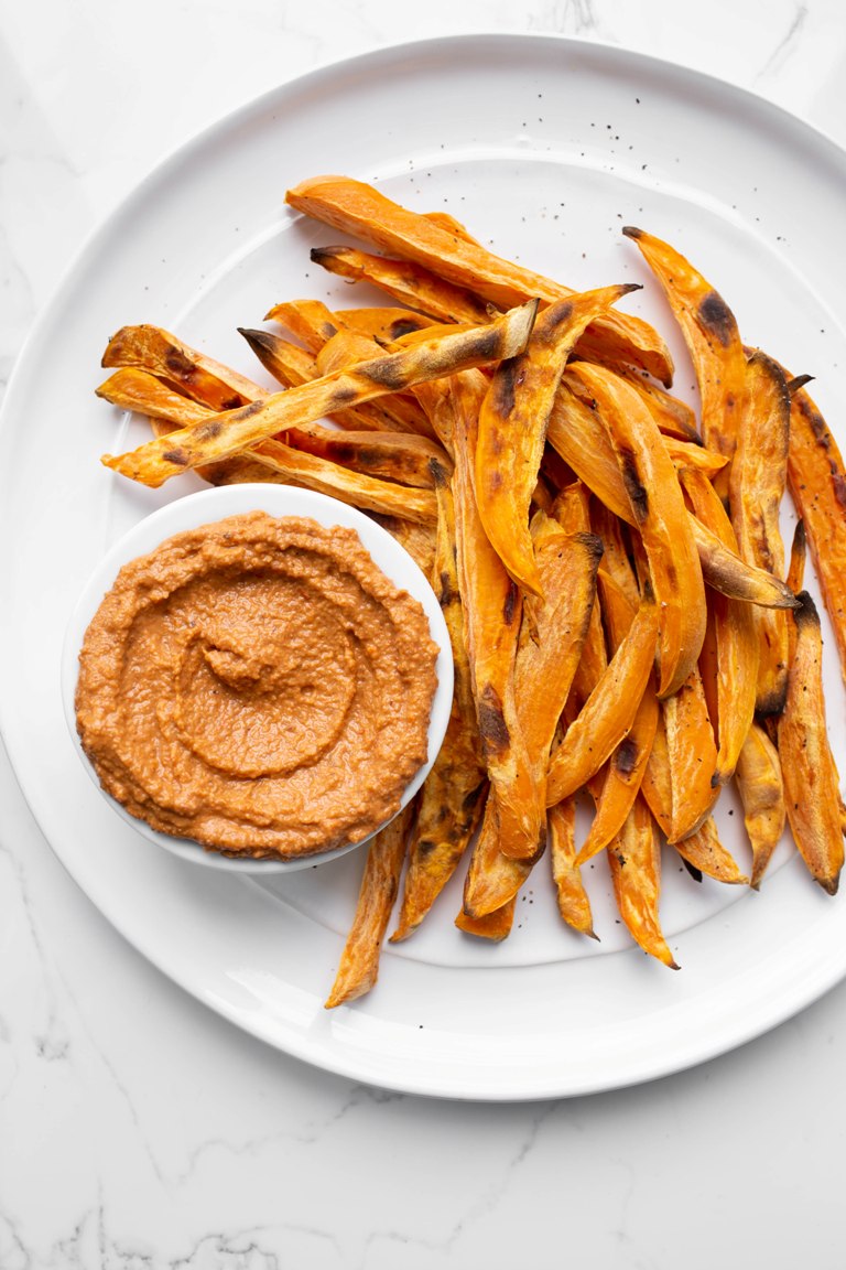 oil-free romesco sauce with sweet potato fries