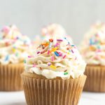 closeup front angle of vanilla cupcake