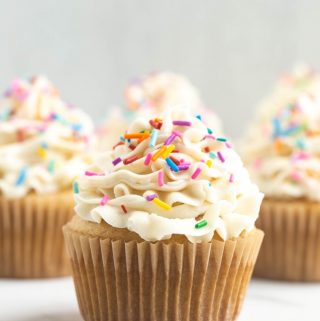 closeup front angle of vanilla cupcake