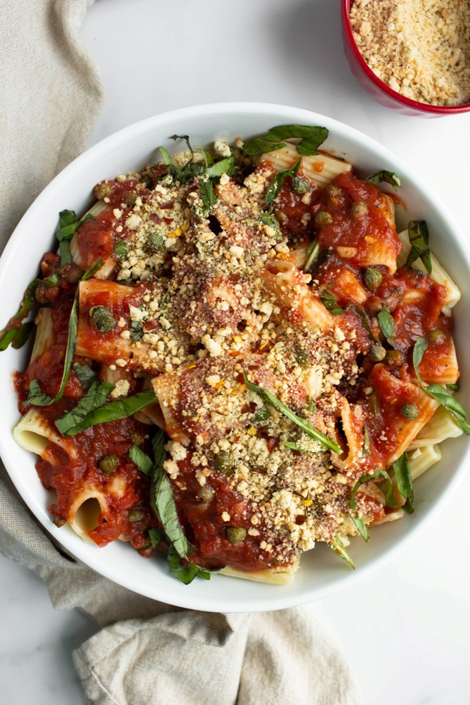 rigatoni with fresh basil tomato sauce and lemon parmesan cheese