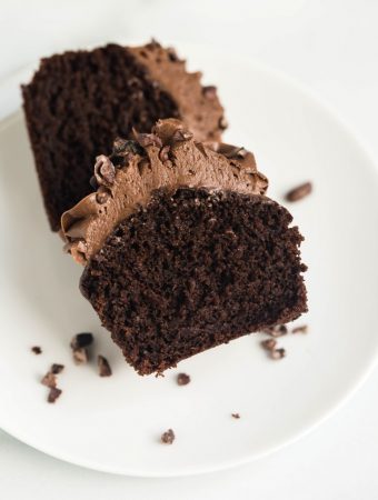 closeup of inside of vegan chocolate cupcake
